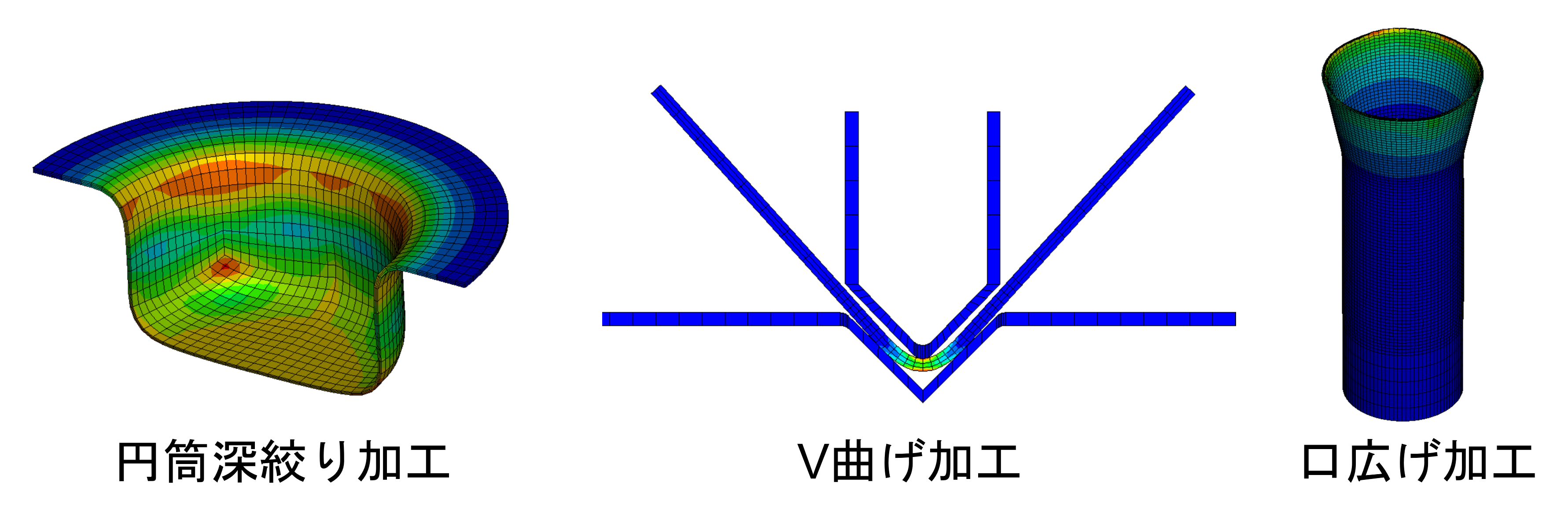 塑性加工シミュレーションの代表例、左から円筒深絞り加工、V曲げ加工、口広げ加工になります。